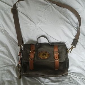 Fossil gray and tan cross body- brass hardware